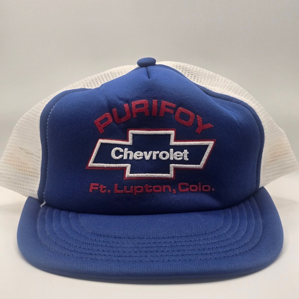 Vintage Purifoy Chevrolet Trucker Hat Ft Lupton Colorado Blue White Snapback USA